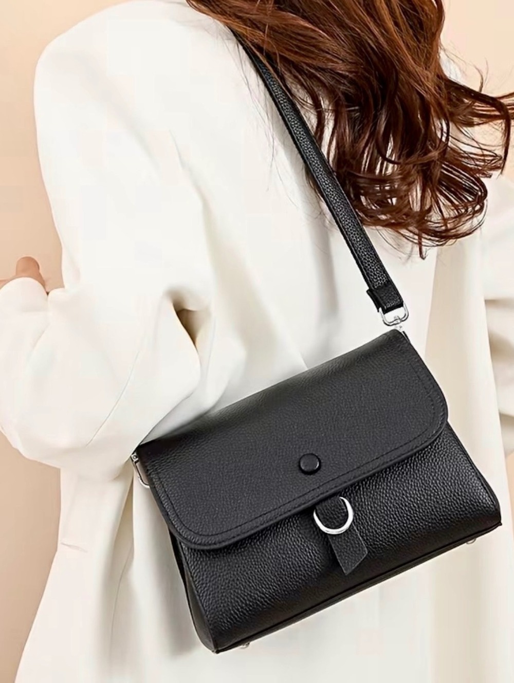 New - Trendy - Top Grain Genuine Leather Crossbody /Shoulder Bag - Black
